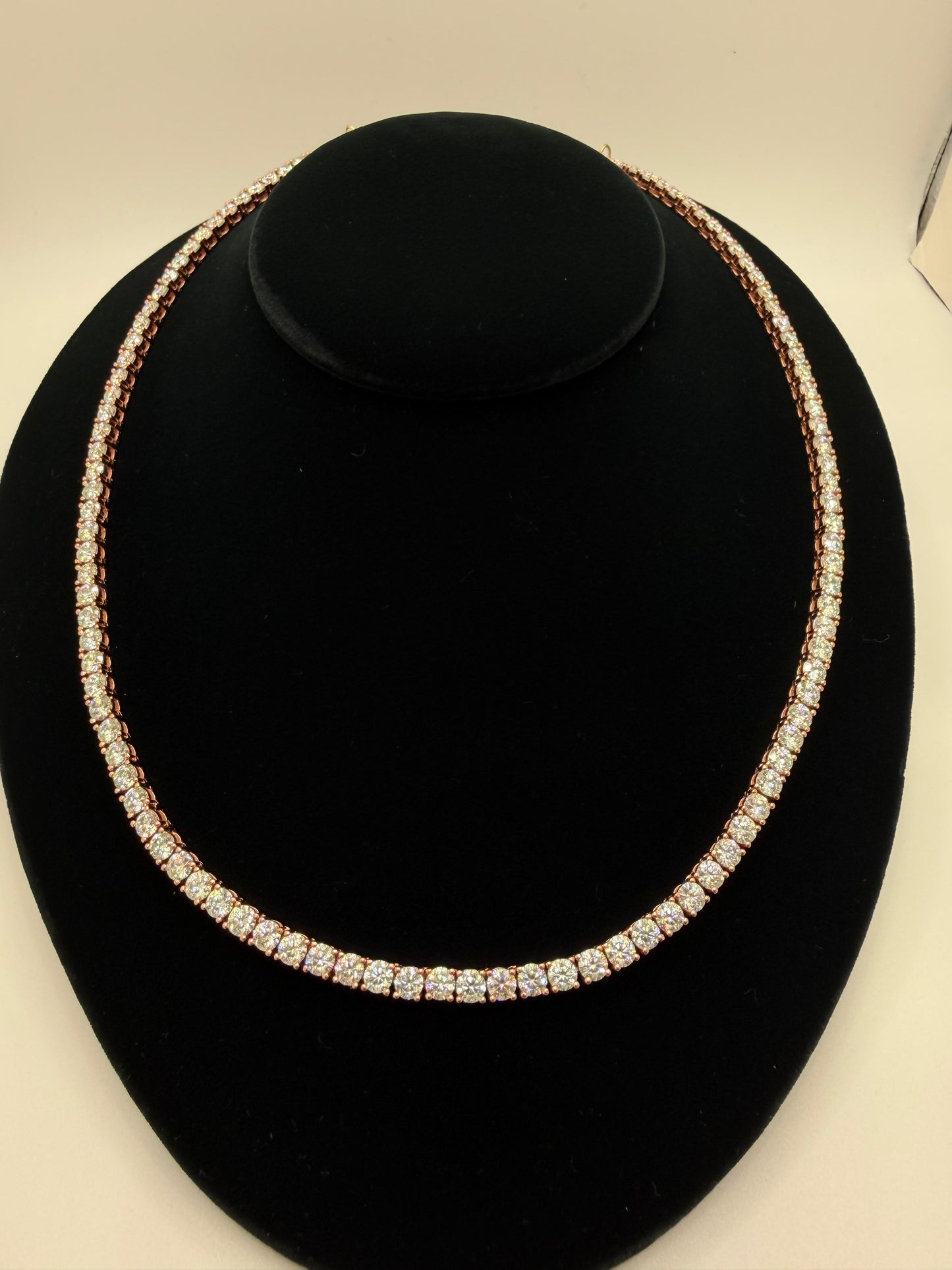 Diamond necklace on a black velvet stand